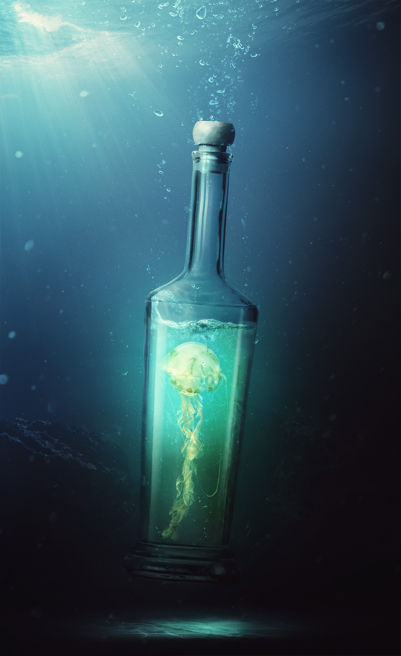 Bottle with jelly fish inside retouched by Happy Finish artist  Dominik Laurysiewicz