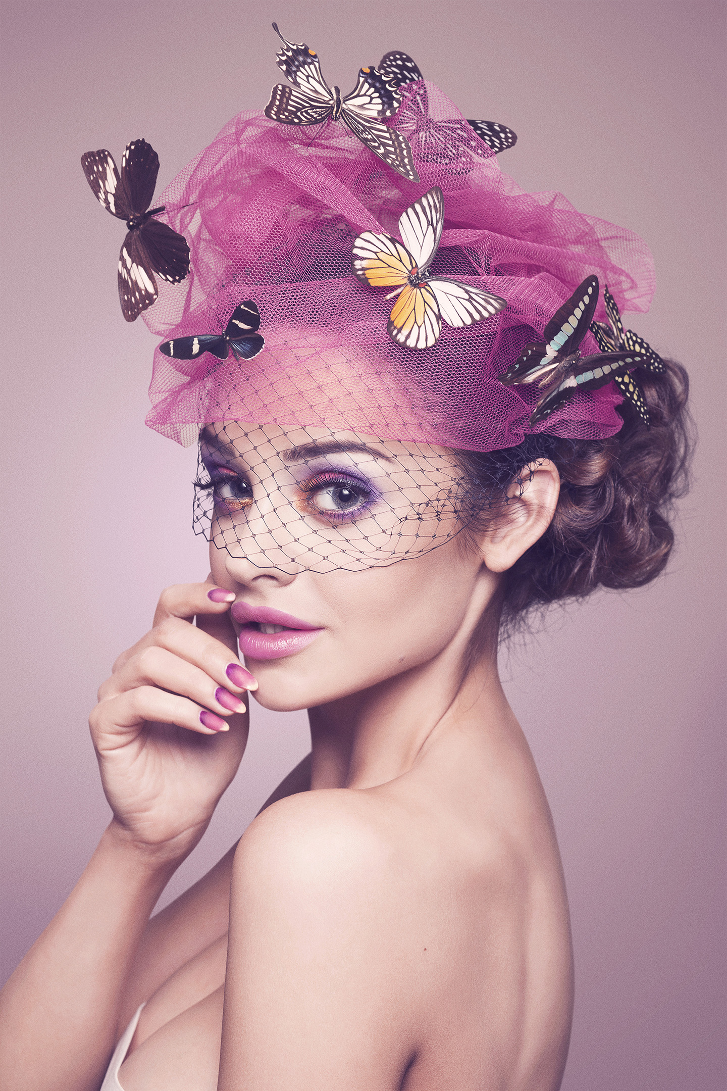 Model Sylwia Nowak with butterflies on head retouched by Dominik Laurysiewicz
